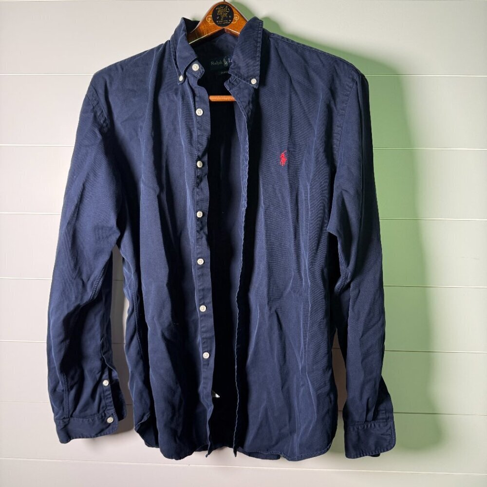Ralph Lauren Men's Button Down Shirt Classic Fit Navy, Sz XL 56% Cotton 44% Silk